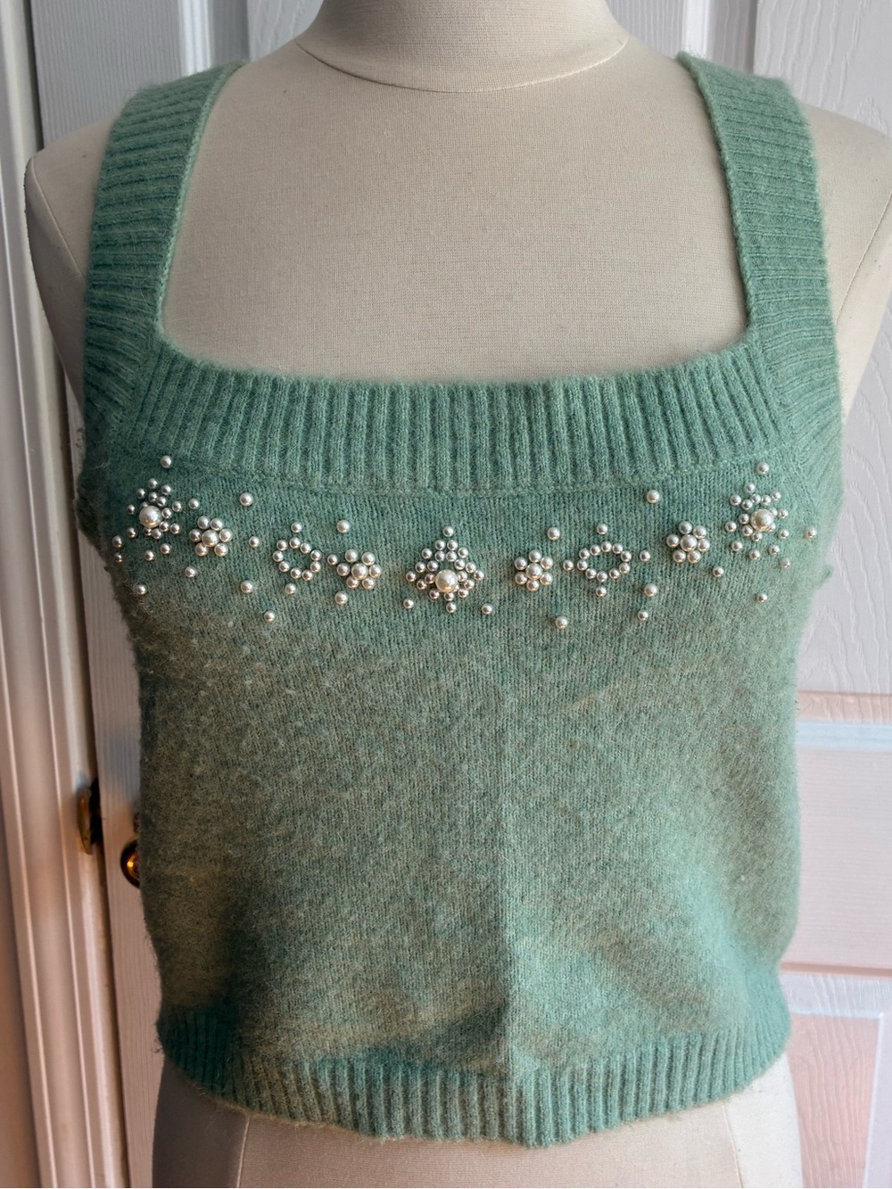 Zara Mint Green Pearl Embellished Sweater Crop Tank Top